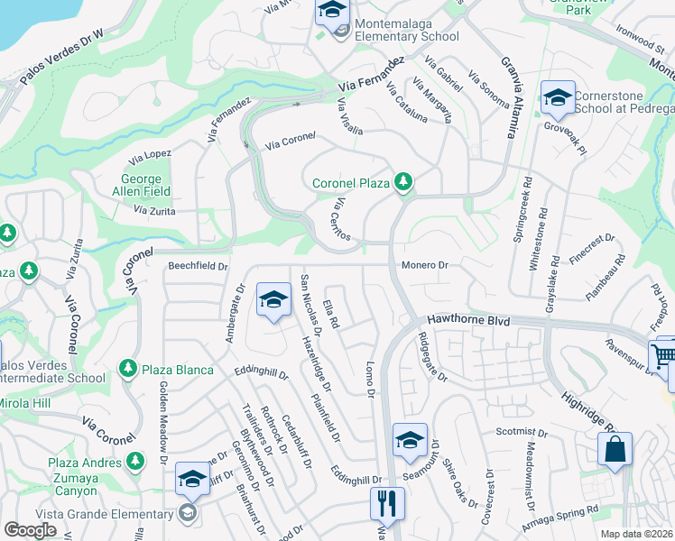 map of restaurants, bars, coffee shops, grocery stores, and more near 6602 Monero Drive in Rancho Palos Verdes
