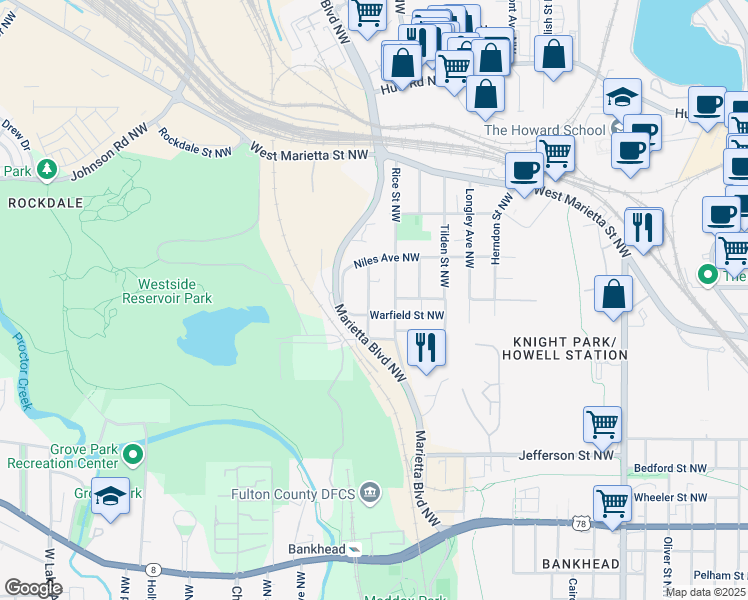 map of restaurants, bars, coffee shops, grocery stores, and more near 959 Hall Place Northwest in Atlanta