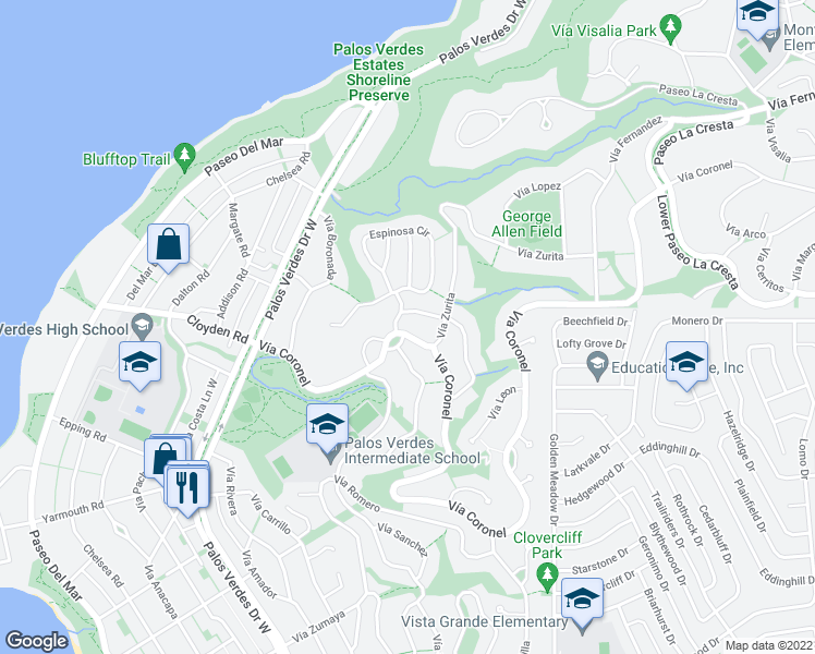 map of restaurants, bars, coffee shops, grocery stores, and more near 1137 Vía Coronel in Palos Verdes Estates