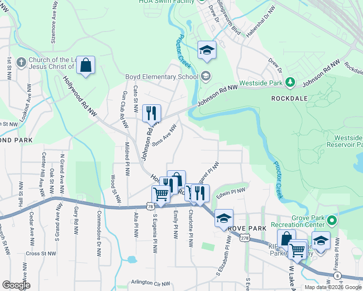 map of restaurants, bars, coffee shops, grocery stores, and more near 977 North Eugenia Place Northwest in Atlanta