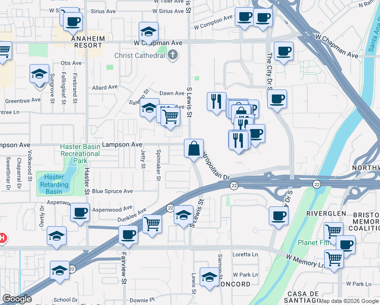 map of restaurants, bars, coffee shops, grocery stores, and more near 12621 South Lewis Street in Garden Grove