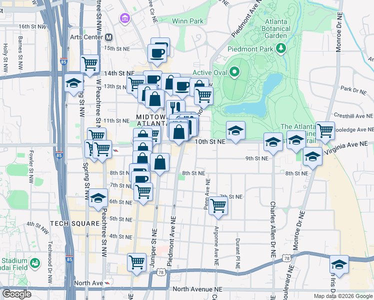 map of restaurants, bars, coffee shops, grocery stores, and more near in Atlanta