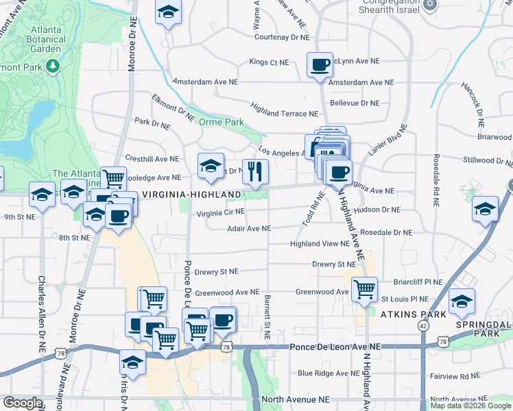 map of restaurants, bars, coffee shops, grocery stores, and more near 854 Virginia Circle Northeast in Atlanta