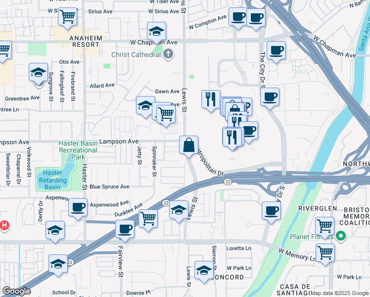 map of restaurants, bars, coffee shops, grocery stores, and more near 12621 South Lewis Street in Garden Grove