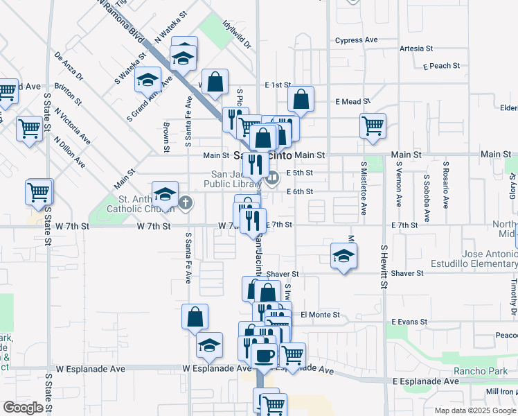 map of restaurants, bars, coffee shops, grocery stores, and more near 637 South San Jacinto Avenue in San Jacinto