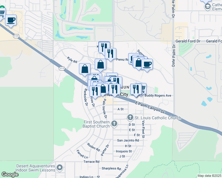 map of restaurants, bars, coffee shops, grocery stores, and more near 68469 Commercial Road in Cathedral City