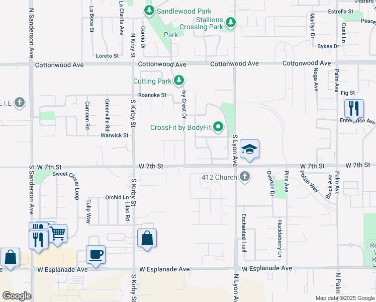 map of restaurants, bars, coffee shops, grocery stores, and more near 607 Ivy Crest Drive in San Jacinto