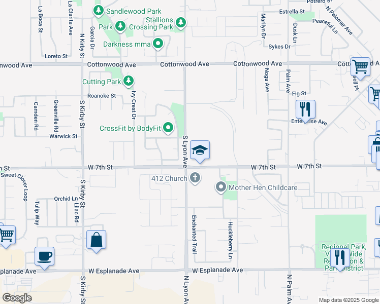 map of restaurants, bars, coffee shops, grocery stores, and more near 645 South Lyon Avenue in San Jacinto
