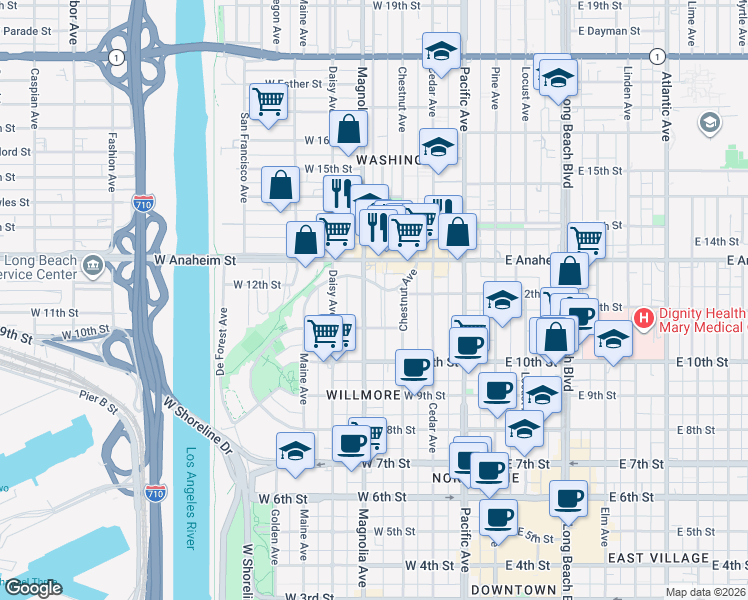 map of restaurants, bars, coffee shops, grocery stores, and more near 1152 Magnolia Avenue in Long Beach