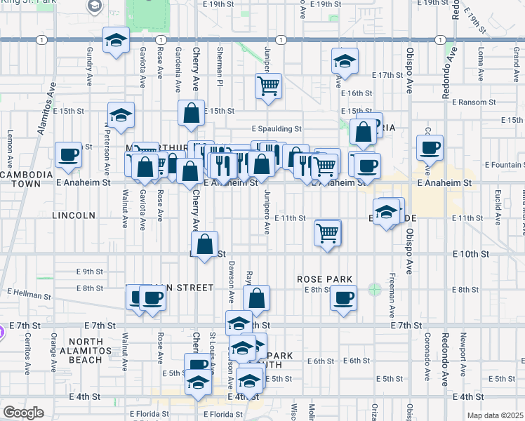 map of restaurants, bars, coffee shops, grocery stores, and more near 1130 Raymond Avenue in Long Beach