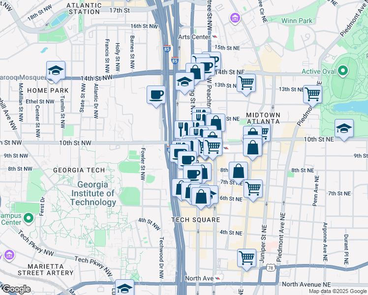 map of restaurants, bars, coffee shops, grocery stores, and more near in Atlanta