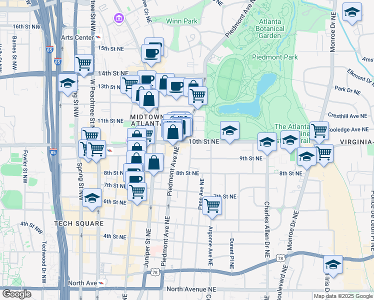 map of restaurants, bars, coffee shops, grocery stores, and more near 986 Myrtle Street Northeast in Atlanta
