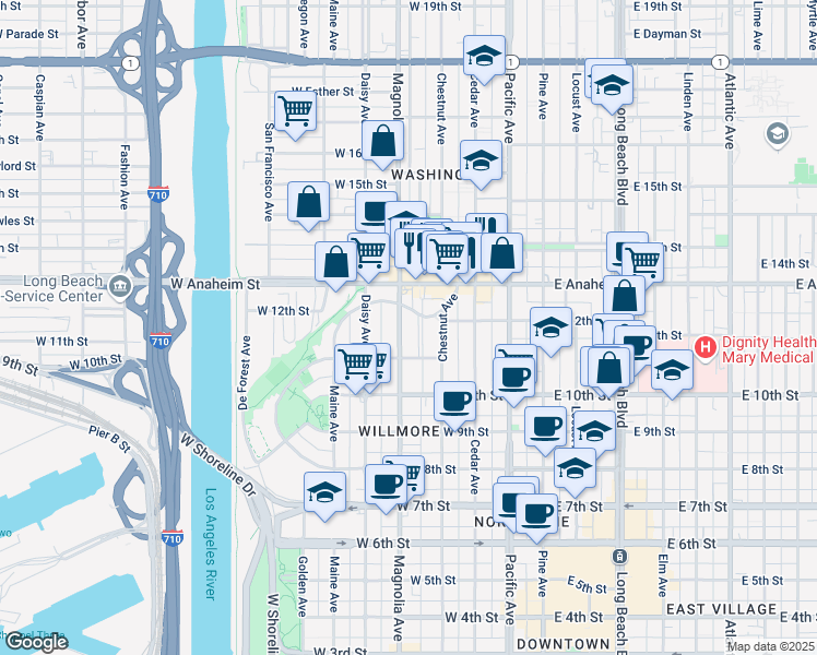 map of restaurants, bars, coffee shops, grocery stores, and more near 1152 Magnolia Avenue in Long Beach