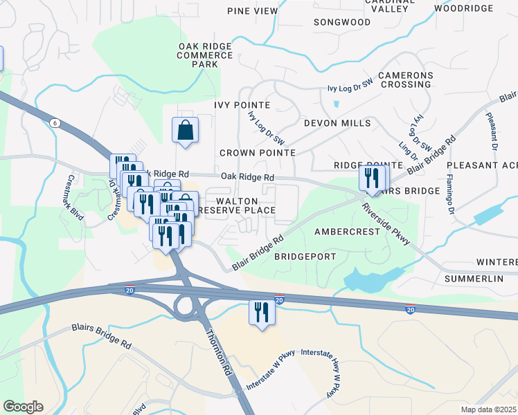 map of restaurants, bars, coffee shops, grocery stores, and more near 1500 Walton Reserve Boulevard in Austell