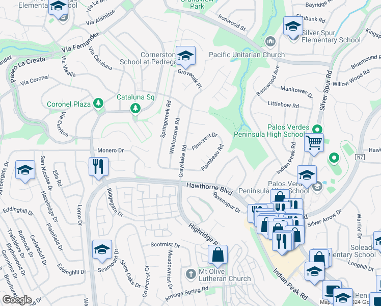 map of restaurants, bars, coffee shops, grocery stores, and more near 5940 Finecrest Drive in Rancho Palos Verdes