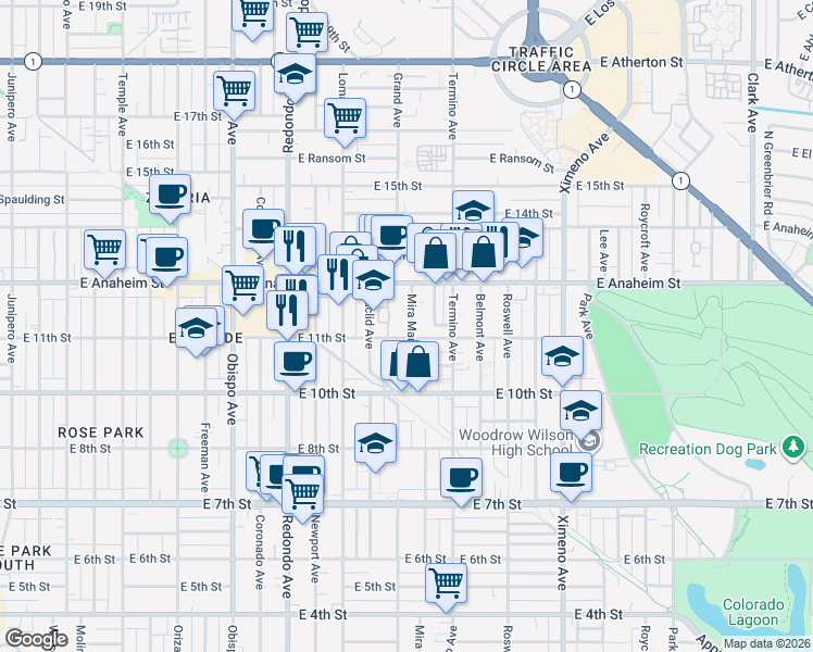 map of restaurants, bars, coffee shops, grocery stores, and more near 1146 Mira Mar Avenue in Long Beach