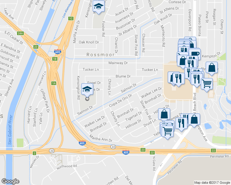 map of restaurants, bars, coffee shops, grocery stores, and more near 2931 Salmon Drive in Los Alamitos