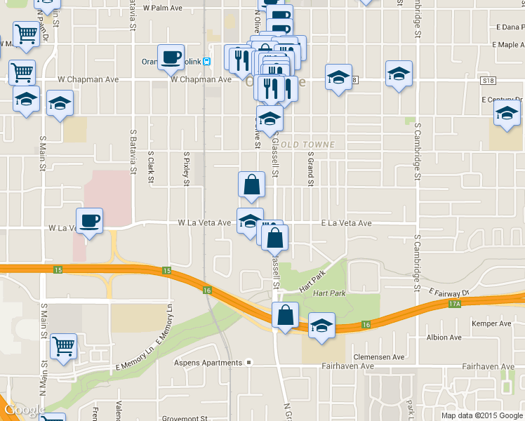 map of restaurants, bars, coffee shops, grocery stores, and more near 454 South Glassell Street in Orange