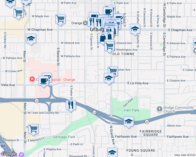 map of restaurants, bars, coffee shops, grocery stores, and more near 447 South Lemon Street in Orange