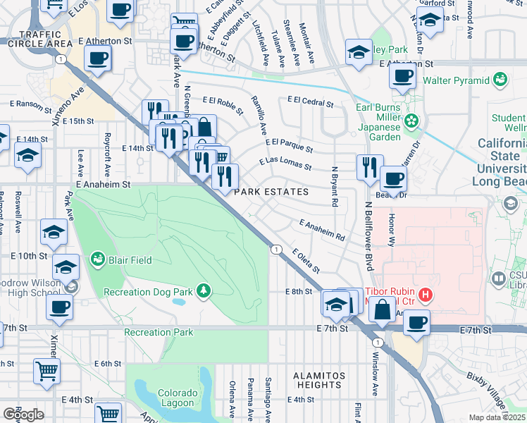 map of restaurants, bars, coffee shops, grocery stores, and more near 5351 East La Pasada Street in Long Beach