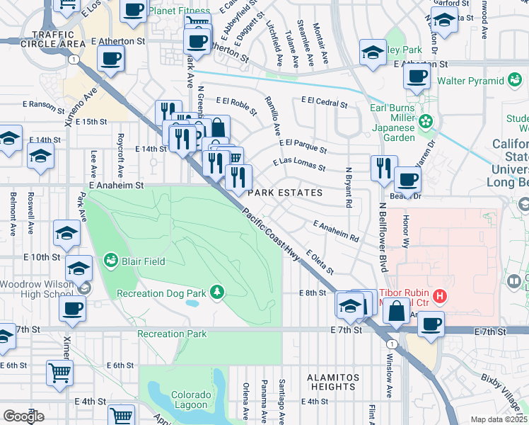 map of restaurants, bars, coffee shops, grocery stores, and more near 5351 East La Pasada Street in Long Beach