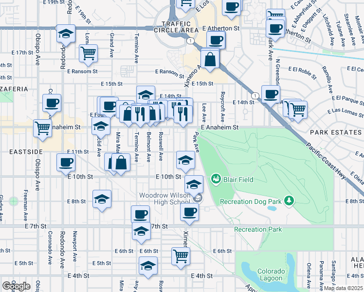map of restaurants, bars, coffee shops, grocery stores, and more near in Long Beach
