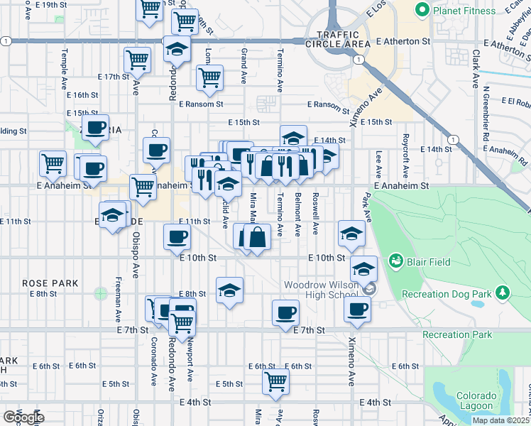 map of restaurants, bars, coffee shops, grocery stores, and more near 1146 Mira Mar Avenue in Long Beach