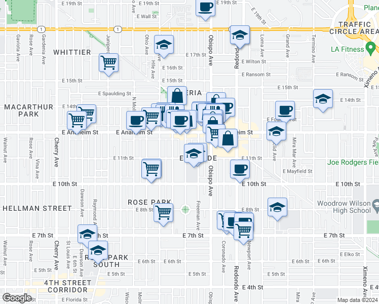 map of restaurants, bars, coffee shops, grocery stores, and more near 1136 Orizaba Avenue in Long Beach