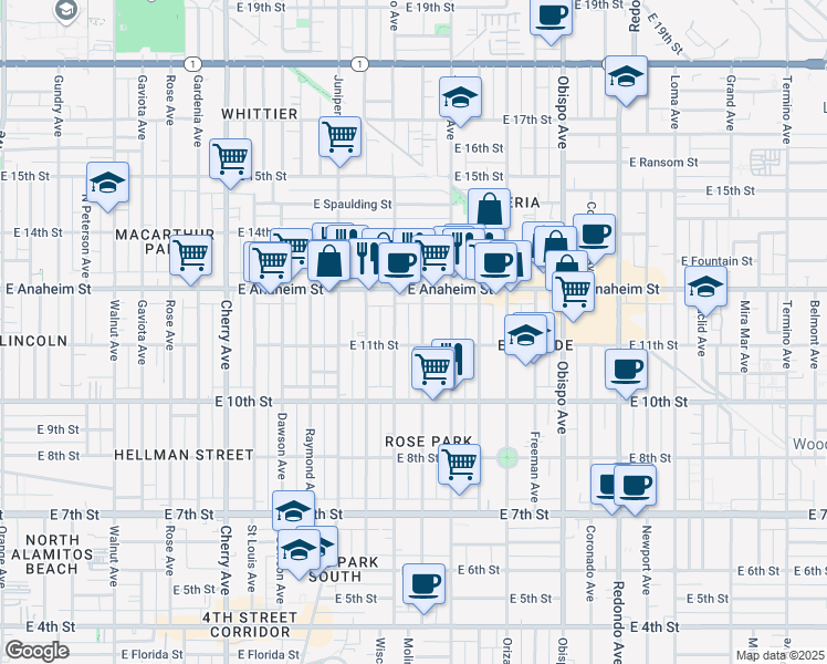 map of restaurants, bars, coffee shops, grocery stores, and more near 1138 Molino Avenue in Long Beach