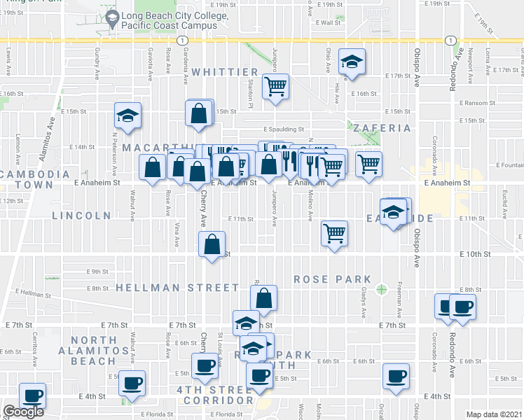map of restaurants, bars, coffee shops, grocery stores, and more near 1130 Raymond Avenue in Long Beach