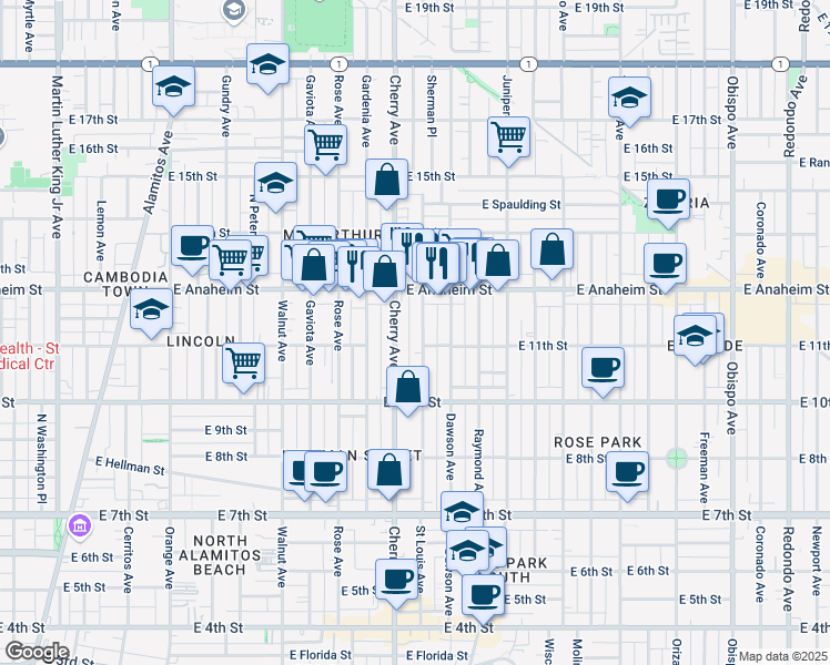 map of restaurants, bars, coffee shops, grocery stores, and more near 1131 Saint Louis Avenue in Long Beach