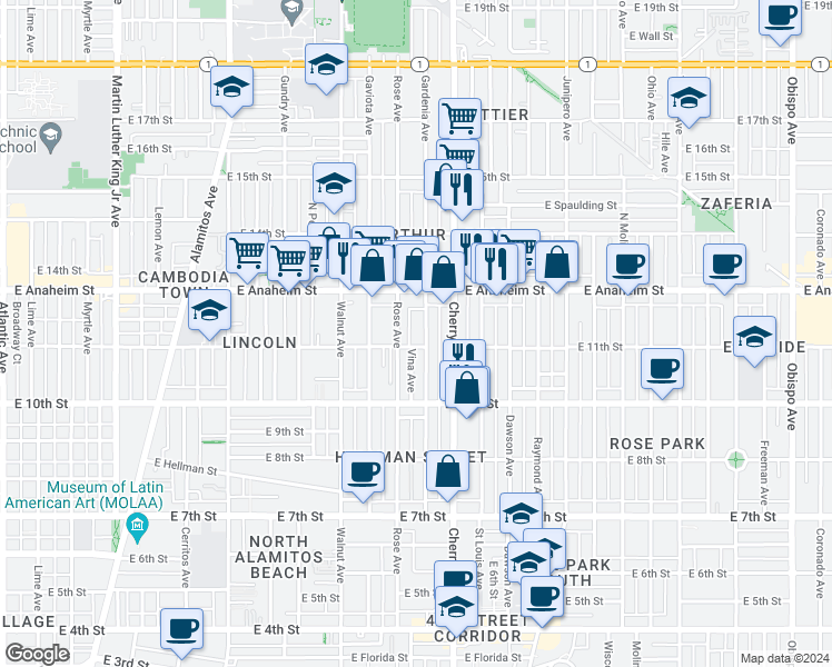 map of restaurants, bars, coffee shops, grocery stores, and more near 1130 Gardenia Avenue in Long Beach