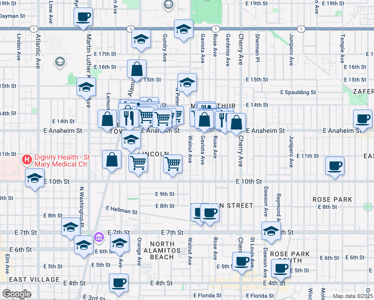 map of restaurants, bars, coffee shops, grocery stores, and more near 1151 Walnut Avenue in Long Beach