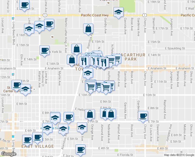 map of restaurants, bars, coffee shops, grocery stores, and more near 1148 Orange Avenue in Long Beach