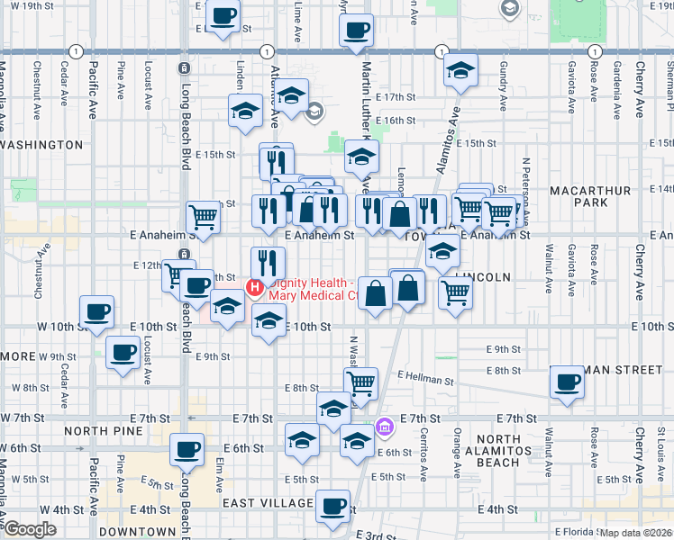 map of restaurants, bars, coffee shops, grocery stores, and more near 1145 Myrtle Avenue in Long Beach