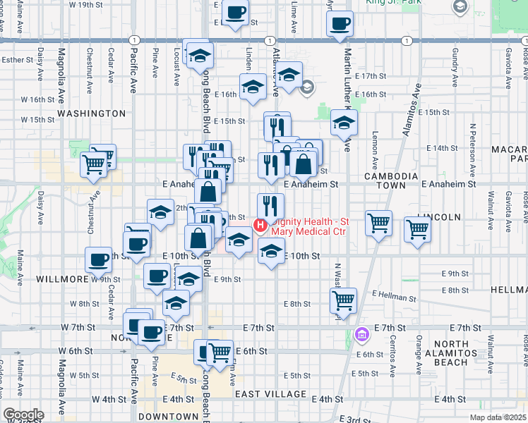 map of restaurants, bars, coffee shops, grocery stores, and more near 1124 Linden Avenue in Long Beach