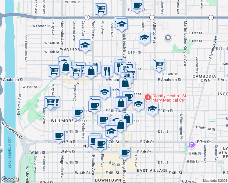 map of restaurants, bars, coffee shops, grocery stores, and more near 161 East 12th Street in Long Beach
