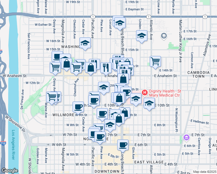 map of restaurants, bars, coffee shops, grocery stores, and more near 161 East 12th Street in Long Beach