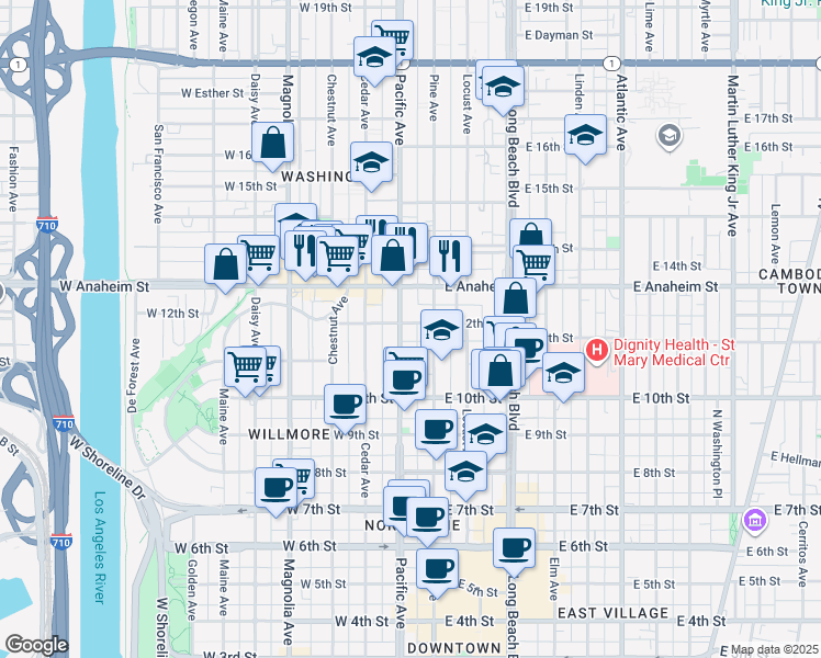 map of restaurants, bars, coffee shops, grocery stores, and more near 1203 Pacific Avenue in Long Beach