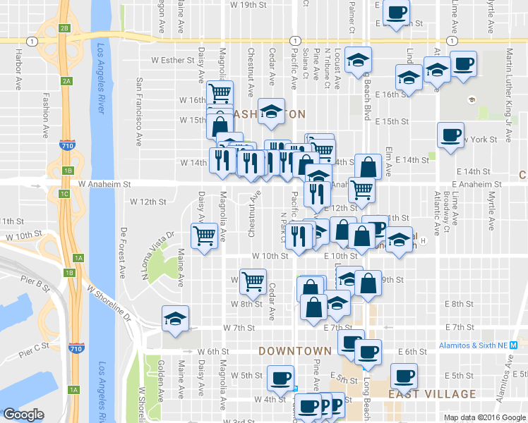 map of restaurants, bars, coffee shops, grocery stores, and more near 1208 Cedar Avenue in Long Beach