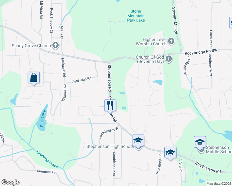map of restaurants, bars, coffee shops, grocery stores, and more near 500 Stephenson Road in Stone Mountain