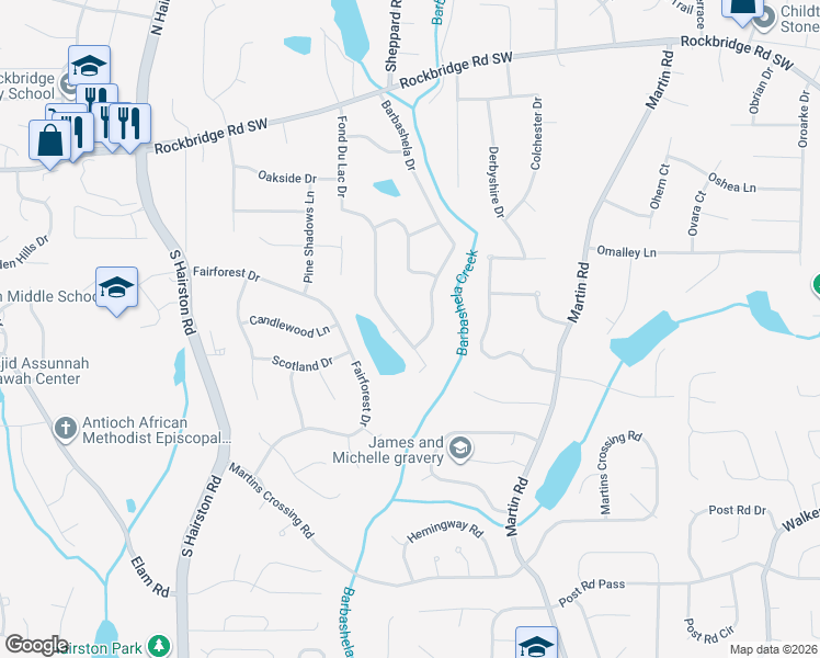 map of restaurants, bars, coffee shops, grocery stores, and more near 586 Fond Du Lac Drive in Stone Mountain