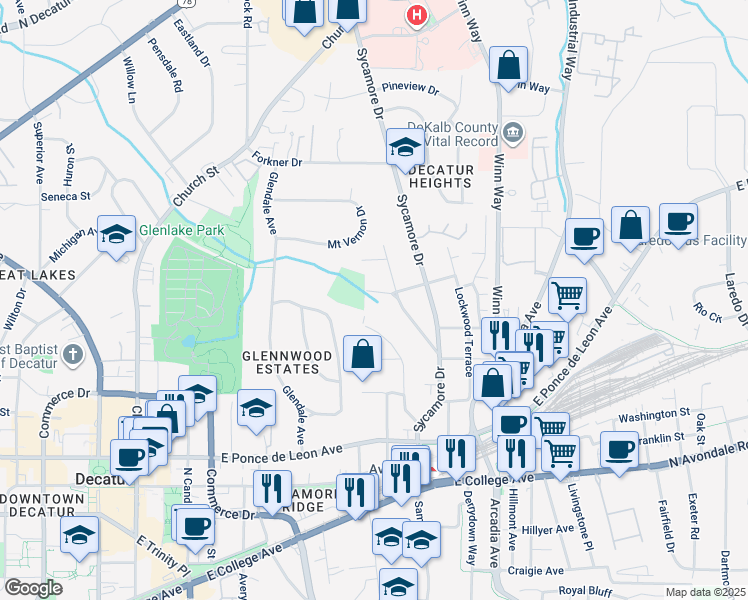 map of restaurants, bars, coffee shops, grocery stores, and more near 115 Fairview Street in Decatur