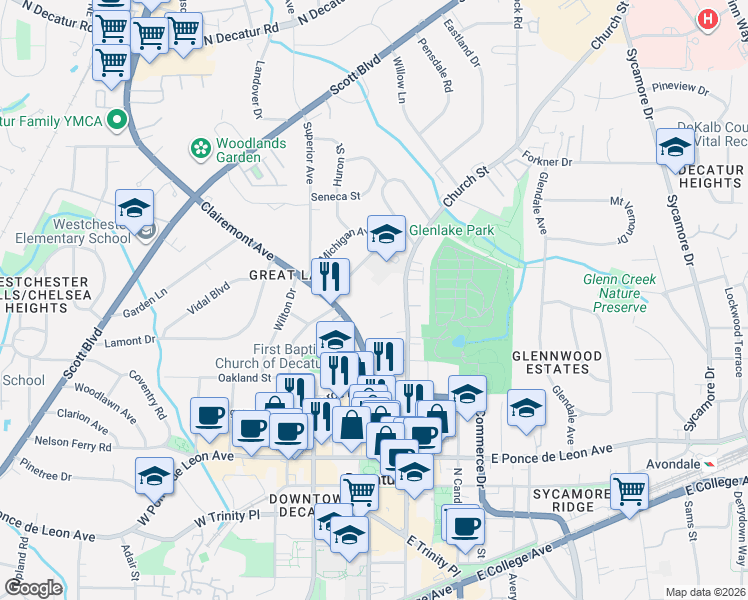 map of restaurants, bars, coffee shops, grocery stores, and more near 119 Erie Avenue in Decatur