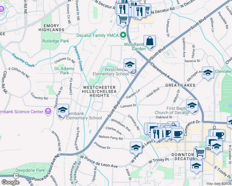 map of restaurants, bars, coffee shops, grocery stores, and more near 135 Ridley Circle in Decatur