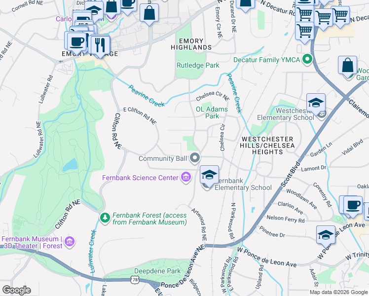 map of restaurants, bars, coffee shops, grocery stores, and more near 1754 Coventry Place in Decatur