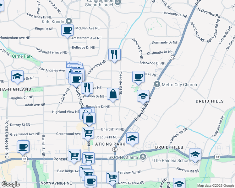map of restaurants, bars, coffee shops, grocery stores, and more near 985 Rosedale Road Northeast in Atlanta