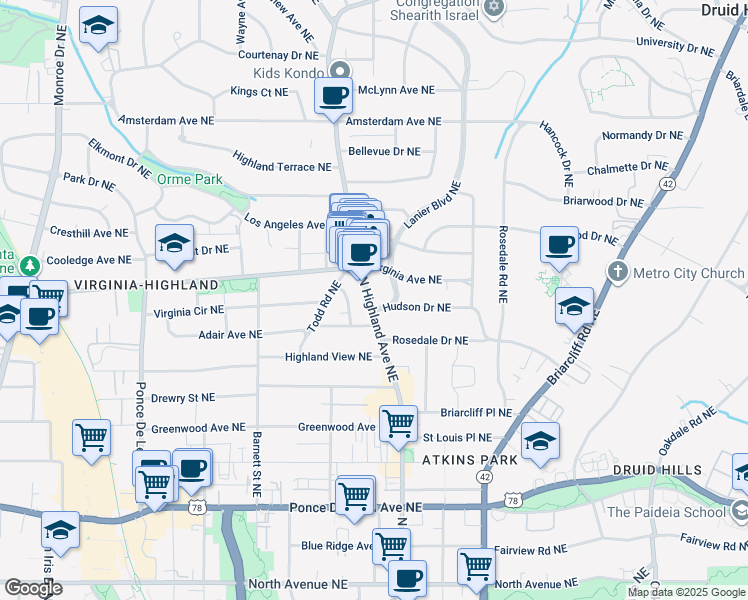 map of restaurants, bars, coffee shops, grocery stores, and more near 982 North Highland Avenue Northeast in Atlanta