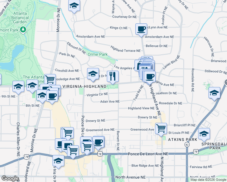 map of restaurants, bars, coffee shops, grocery stores, and more near 854 Virginia Circle Northeast in Atlanta
