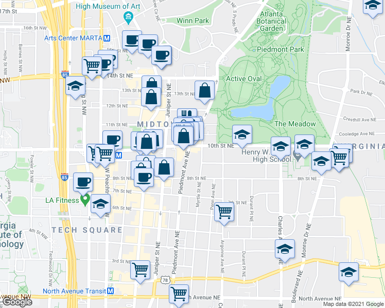 map of restaurants, bars, coffee shops, grocery stores, and more near 986 Myrtle Street Northeast in Atlanta